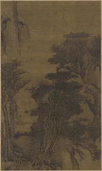 Landschap met tempel en reizigers