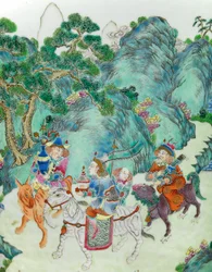 Detail van een paar keizerlijke Famille Rose vazen