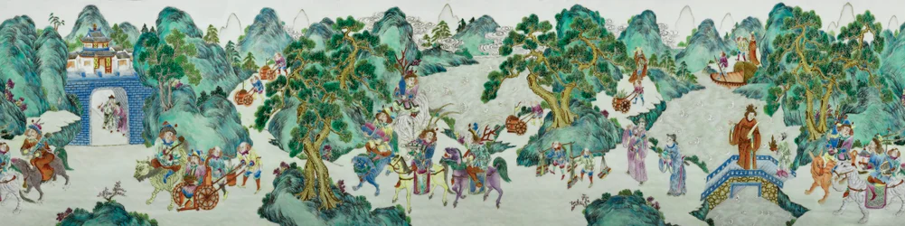 Detail van een paar keizerlijke Famille Rose vazen
