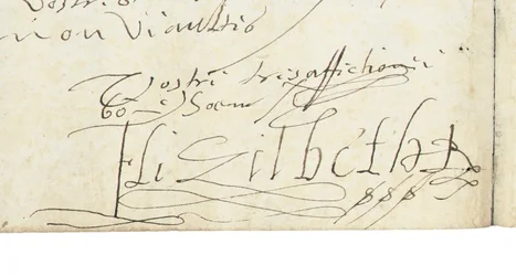 Handtekening op een brief van Elizabeth I van Engeland aan Hendrik IV van Frankrijk, ca. 1596