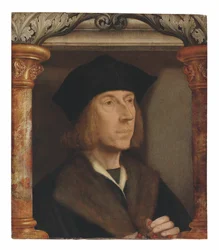 Portret van een heer, buste-lengte, in een bontgevoerde jas, een rozenkrans biddend, geplaatst in een architecturale omlijsting