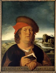 Vermoedelijk portret van de arts Paracelsus (1493-1541) (Paracelsus Aracelsus of Theophrastus Bombastus von Hohenheim). Schilderij. Kopie naar het verloren origineel van Quentin Metsys (1465/1466-1530). Afmetingen: 0,72 x 0,54 cm. Musée du Louvre.