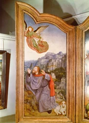 De Heilige Verwantschap, of het Altaarstuk van St. Anna, detail van het linker paneel dat de Aankondiging aan Joachim afbeeldt, 1509