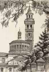 Beata Vergine dei Miracoli Heiligdom, Saronno, Italië, gravure naar tekening van Quinto Cenni, uit L