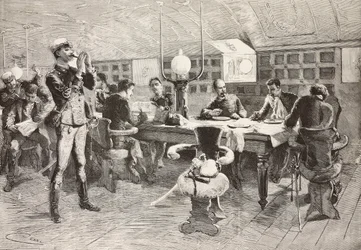 Italiaanse officieren in hut op schip Gottardo, Italiaanse expeditie in de Rode Zee