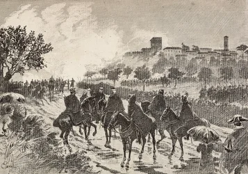 Italiaanse soldaten te paard verplaatsen zich van Copreno naar Cermenate, Italië, gravure naar tekening van Quinto Cenni, uit L