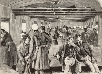 Italiaanse soldaten in trein op weg naar Napels, Italië, tweede Italiaanse expeditie in de Rode Zee, gravure naar tekening van Quinto Cenni en schets van M Dal Don, uit L