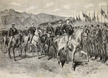 Koning Umberto I inspecteert Florence lansiers, met generaal Martin di Montu achter hem, 28 september, cavalerie-oefeningen in Pordenone, Italië, gravure naar tekening van Quinto Cenni, uit L