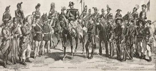 Piëmontese leger in 1859: infanteristen, artilleristen, ingenieurs, grenadiers, officieren, generaals, lansiers, cavaleristen, scherpschutter, gravure naar tekening van Quinto Cenni, uit L