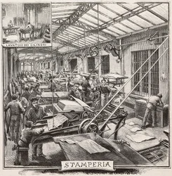 Drukkerij in de Fratelli Treves uitgeverij, Milaan, Italië, gravure naar tekening van Quinto Cenni, uit L