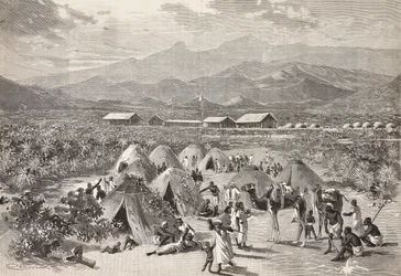 Tenten van het vluchtelingenkamp van Zula, Arafali, Eritrea, gravure door Cantagalli naar een tekening van Quinto Cenni en een schets van Pieragostini, uit L
