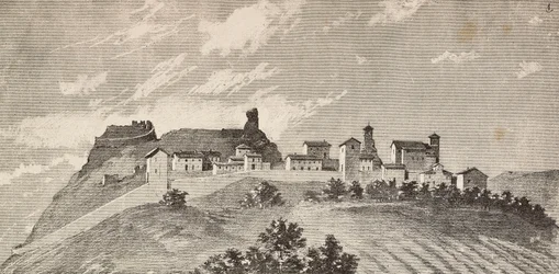 De stad San Giovanni in Galilea, Italië, gravure naar tekening door Quinto Cenni en schets door Ulisse Topi, uit L
