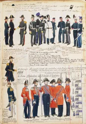Uniformen van het Piëmontese leger uit 1845-1846. Kleurenplaat door Cenni Quinto