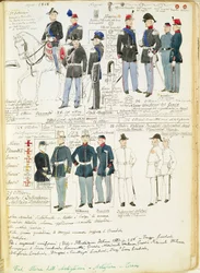 Uniformen van het Piëmontese leger uit 1848, kleurplaat door Quinto Cenni
