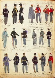 Diverse Italiaanse uniformen die tussen 1859 en 1866 algemeen in gebruik waren, door Quinto Cenni, kleurenplaat