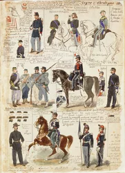 Verschillende uniformen van het Koninkrijk Sardinië door Quinto Cenni, kleurenplaat