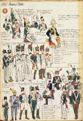 Verschillende uniformen van het Koninkrijk Italië uit 1807. Kleurenplaat door Cenni Quinto