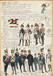 Verschillende uniformen van het Koninkrijk Italië uit 1807. Kleurenplaat door Cenni Quinto