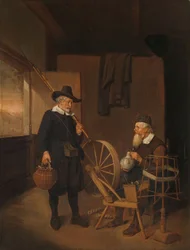 Interieur met visser en man naast een klos en spoel