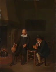Interieur met twee mannen bij de haard