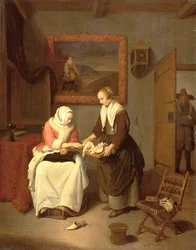 Interieur met een dame die vis kiest
