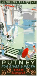 Putney, voor rivier en heide, London County Council LCC Tramways poster, 1932