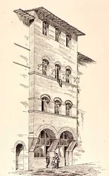 Uitzicht op een bakstenen huis, Montepulciano, Italië, uit 