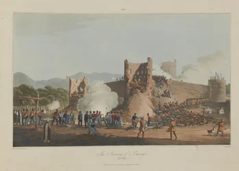 De bestorming van Schinaass, 3 januari 1810, gegraveerd door I. Clark