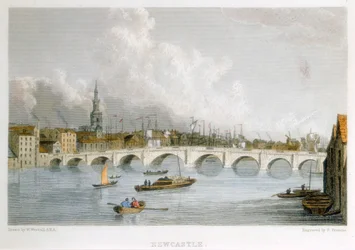 Stenen boogbrug over de Tyne in Newcastle-upon-Tyne, Engeland, ca. 1830