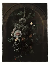 Een Slinger van Druiven, Stokrozen, Irissen, Kaasjeskruid, Afrikaanse Goudsbloemen, Clematis, een Paardenkastanje en Bramen met Vlinders en andere Insecten voor een Stenen Boog