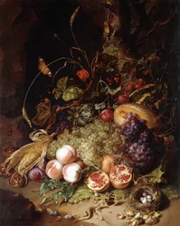 Stilleven met fruit en insecten