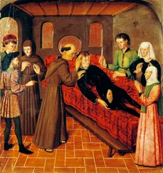 Wederopstanding van een man die stierf aan zijn verwondingen, detail van het linker paneel van het Sint-Bernardus Altaarstuk door Rafael Tomas, predella door Joan Figuera