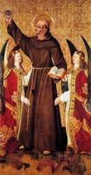 St. Bernardus en engelen, centraal paneel van St. Bernardus altaarstuk door Rafael Tomas (actief 1455-1479), predella door Joan Figuera (actief vanaf 1454-gestorven 1477 of 1479), tempera op paneel, 398,9x253 cm
