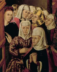 Prediking, detail van het San Bernardino Altaarstuk, door Joan Figuera en Tomas Rafael (actief in de tweede helft van de 16e eeuw), tempera op paneel, 399x253 cm. (detail)