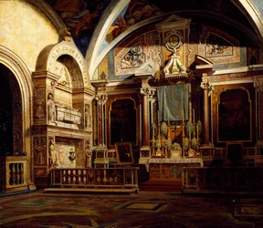 Interieur van San Domenico Maggiore, door Raffaele Armando Califano Mundo (1857-1930), olieverf op doek, 50x70 cm.