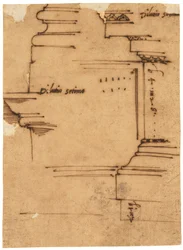 Een schets van de hoofdbekroning van de Boog van Septimius Severus, Rome (pen en bruine inkt, op geolied calqueerpapier)