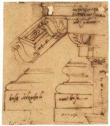 Schetsen van verschillende elementen van de Boog van Constantijn, Rome (pen en bruine inkt, op geolied calqueerpapier)