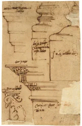 Schetsen van verschillende elementen van de Boog van Titus, Rome (pen en bruine inkt, op geolied calqueerpapier)