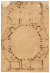 De plattegrond van een kerk (pen en bruine inkt, op geolied calqueerpapier)