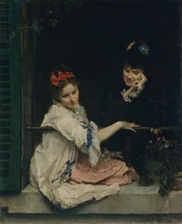 Meisjes bij een raam, ca. 1875