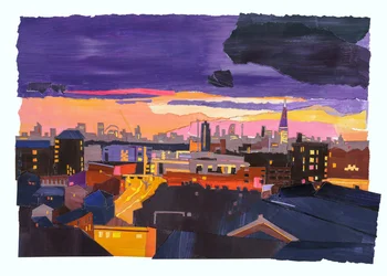 Rooftops over Londen, 2022 (acryl en collage op papier)