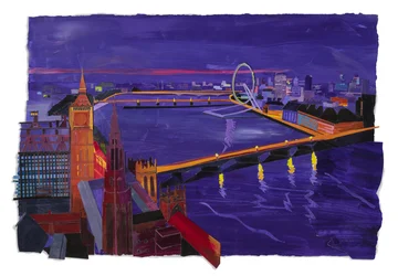 Westminster bij nacht, 2022 (acryl en collage op papier)