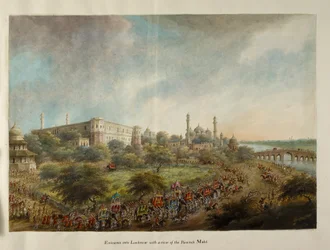Het gezelschap van Lord Hastings betreedt de stad Lucknow op olifantenrug, c.1814-15