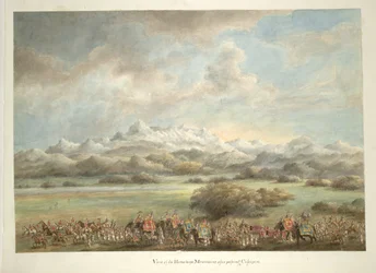 Heer en Dame Hastings, op olifanten, voor de Himalaya bij Kashipur