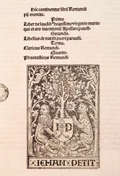 Pagina van het codex "De Laudibus Beatissimae Virginis Mariae" door Ramon Llull (1235-1315), met twee leeuwen die het wapen van de drukker Jehan Petit vasthouden