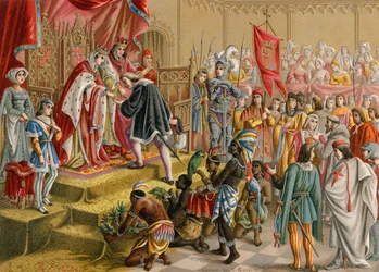 De Spaanse vorsten ontvangen Columbus in Barcelona na zijn eerste reis