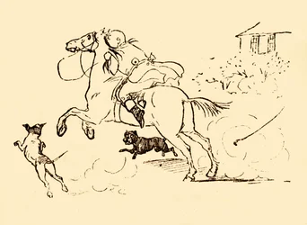 John Gilpin wordt achtervolgd door honden terwijl zijn paard op hol slaat, 1878, ca. 1918