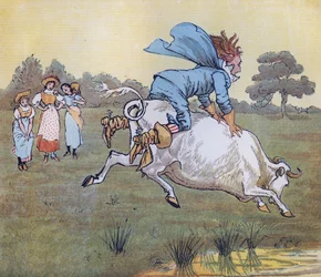 Niemand vroeg het u, meneer, zei ze. Illustratie door Randolph Caldecott voor het kinderrijmpje De melkmeid