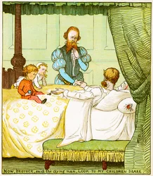 "Nu, broeder, zei de stervende man, zorg voor mijn lieve kinderen", illustratie uit Babes in the wood