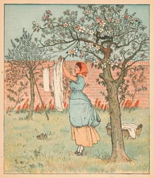 Het meisje was in de tuin, de was ophangen, 1880